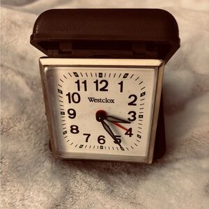 Vintage Westclox Wind Up Travel Alarm Clock in Dark Brown Case